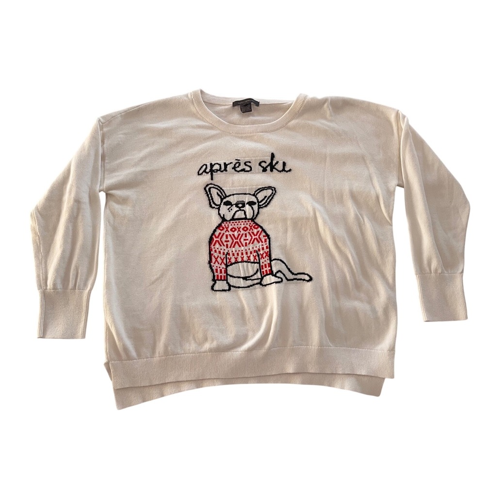 French Connection Womens XL White French Bulldog Aprés Ski Sweater